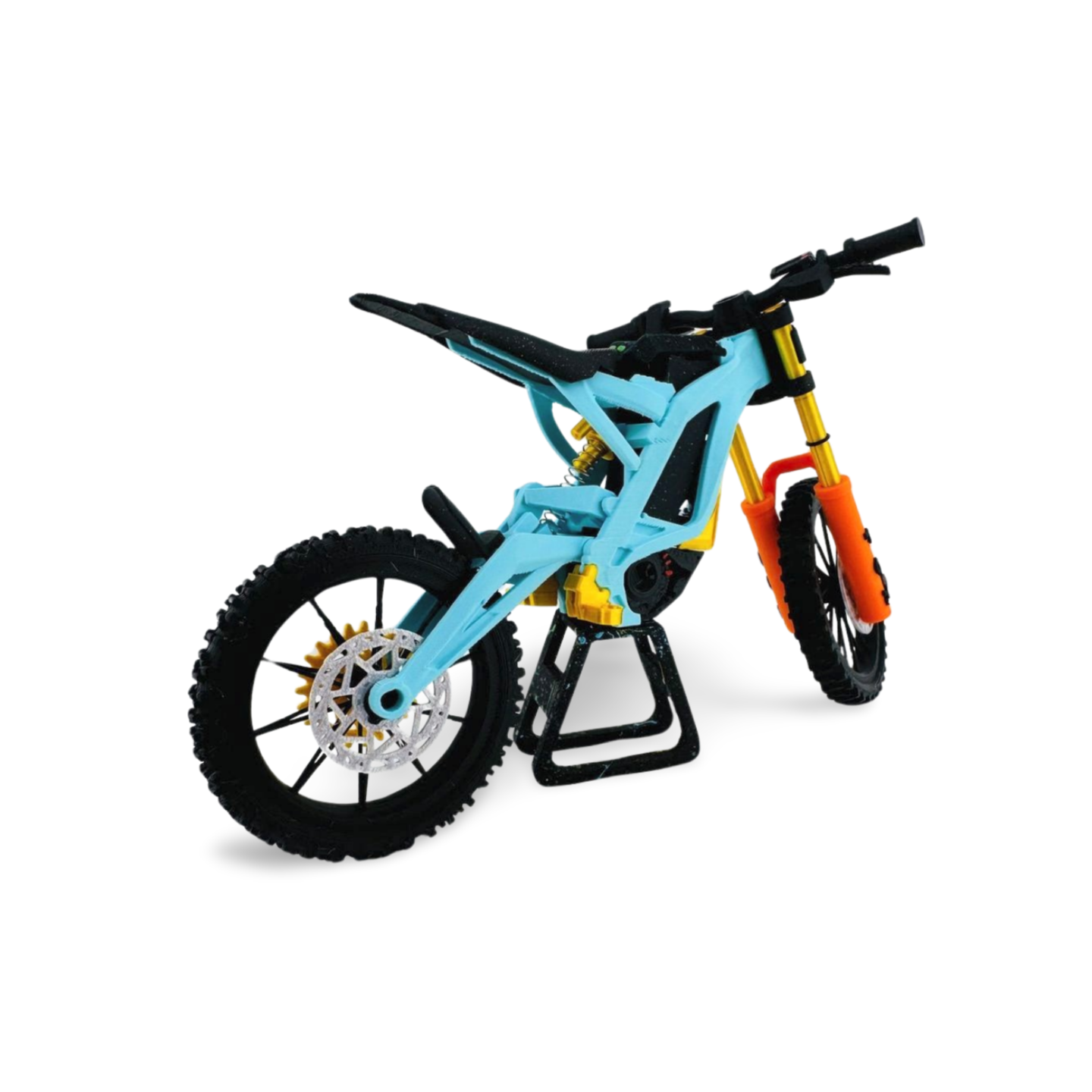 Right side of Mini SurRon 3D FOX550AMP® Aqua Gold Edition — premium hybrid 3D collector bike with gold suspension details by DIYFOXSTORE®.