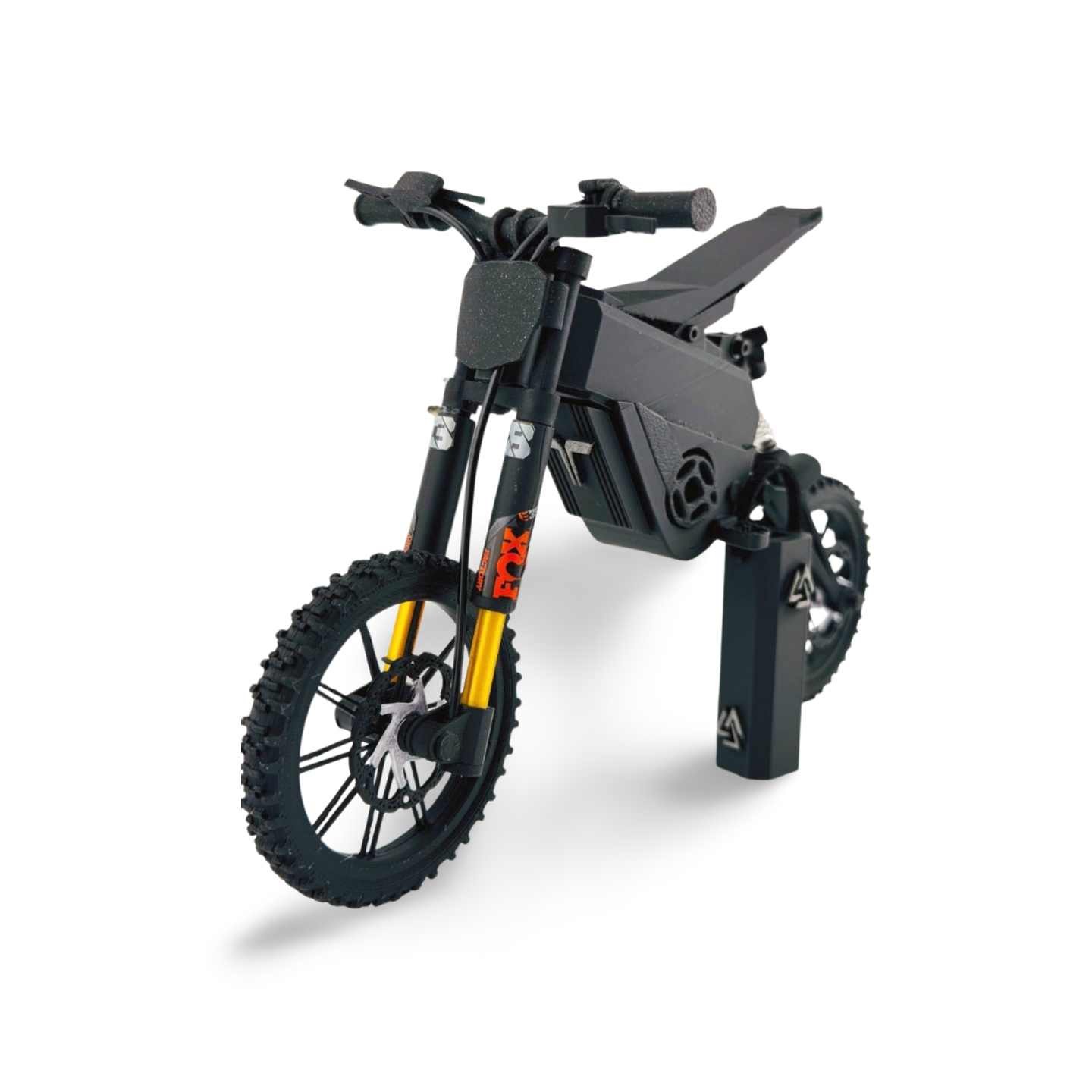 front view of Mini Talaria 3D FOX550AMP® XXX3 Shadow Edition — hybrid 3D build featuring carbon fiber frame and resin tire details, handcrafted by DIYFOXSTORE®.