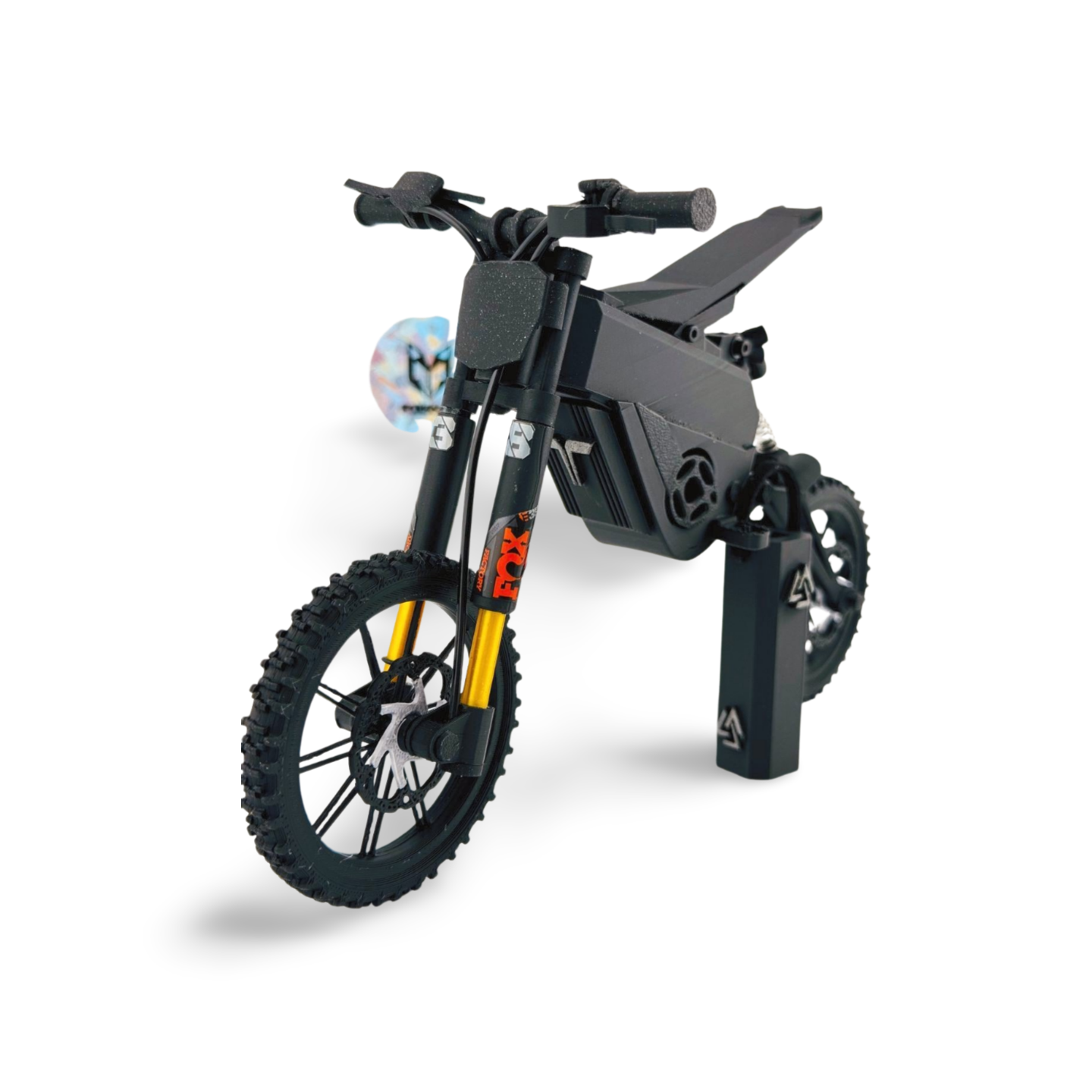 Front view of Mini Talaria 3D FOX550AMP® XXX3 Shadow Edition — hybrid 3D build with PETG, carbon fiber, and resin tires handcrafted by DIYFOXSTORE®